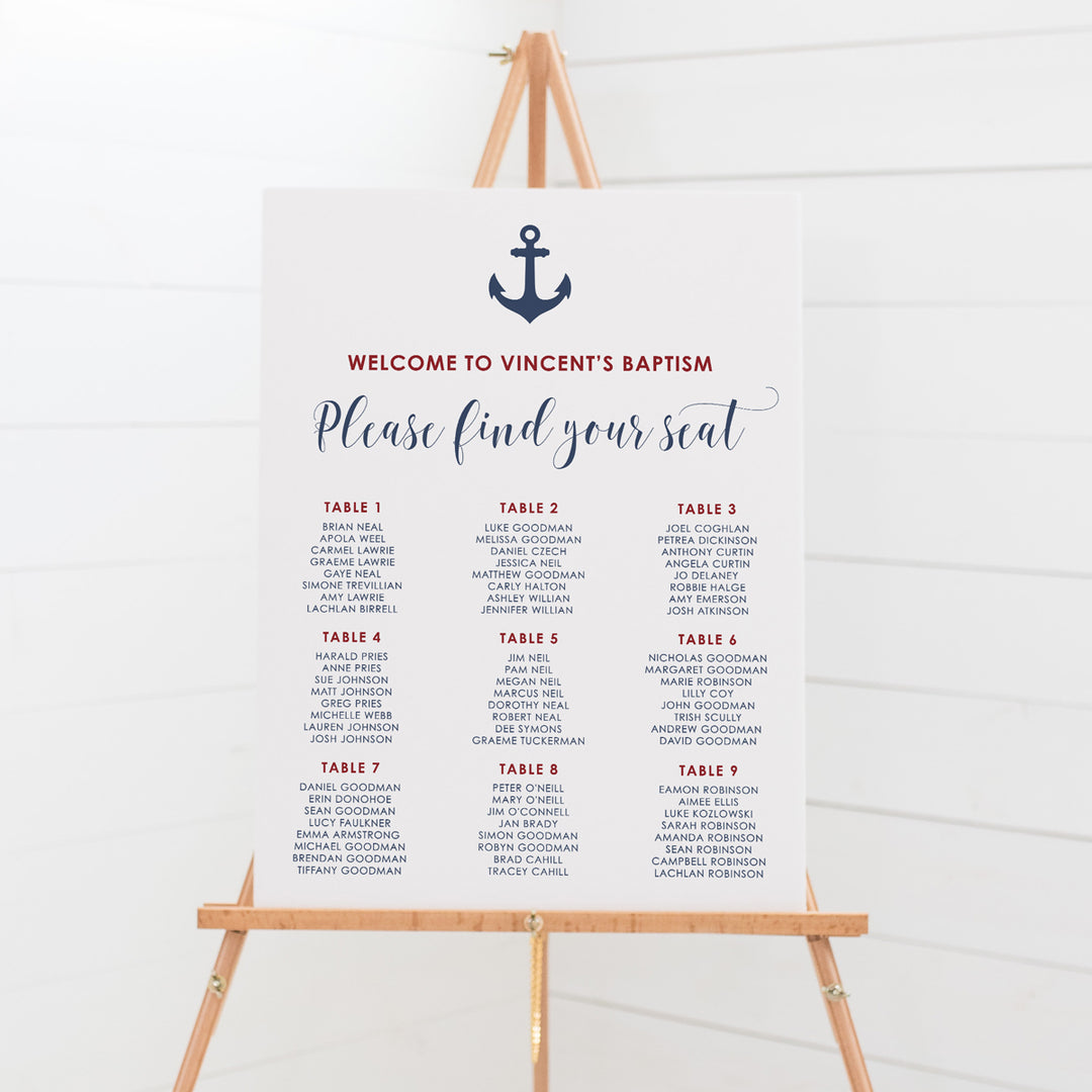 Baptism or Christening Seating Chart with large anchor and AHOY heading. Nautical and sailor style seating plan for boy Christening.