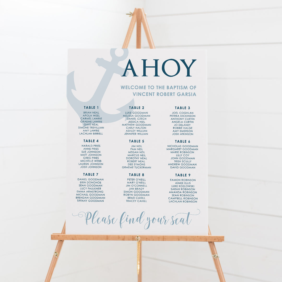 Baptism or Christening Seating Chart with large anchor and AHOY heading. Nautical and sailor style seating plan for boy Christening.