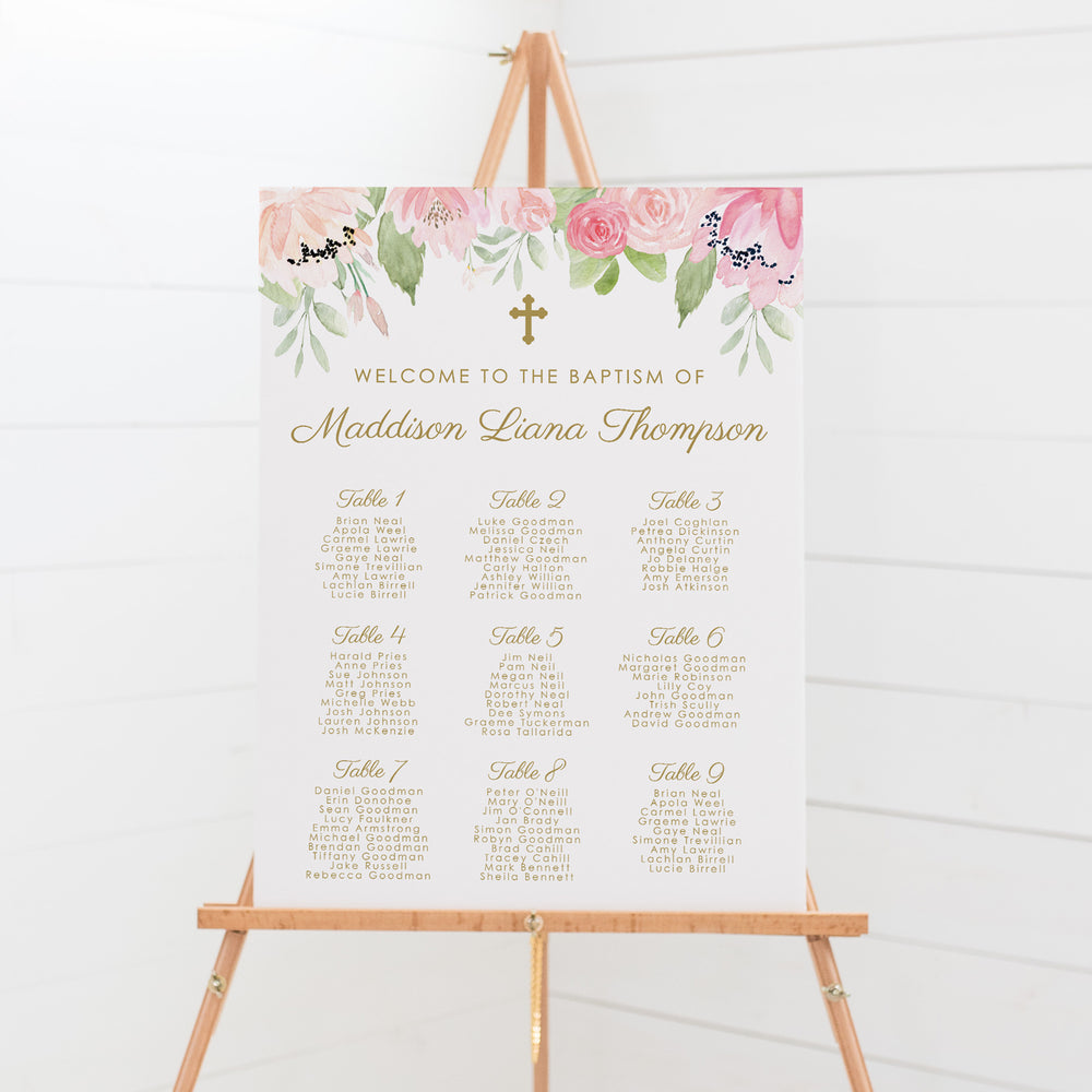 Beautiful pink and blush floral girl Baptism Seating Chart with gold text and wreath
