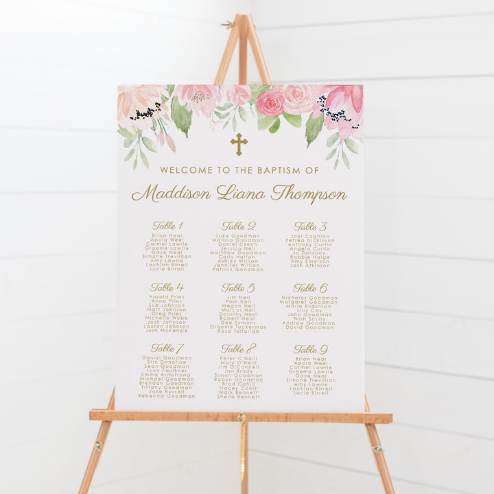 Beautiful pink and blush floral girl Baptism Seating Chart with gold text and wreath