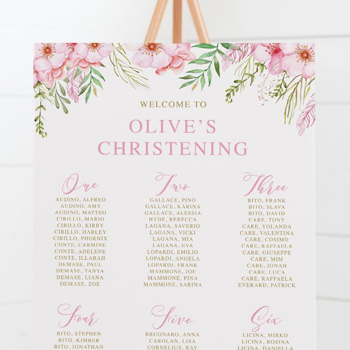 Baptism seating chart with beautiful pink flowers and foliage and gold text