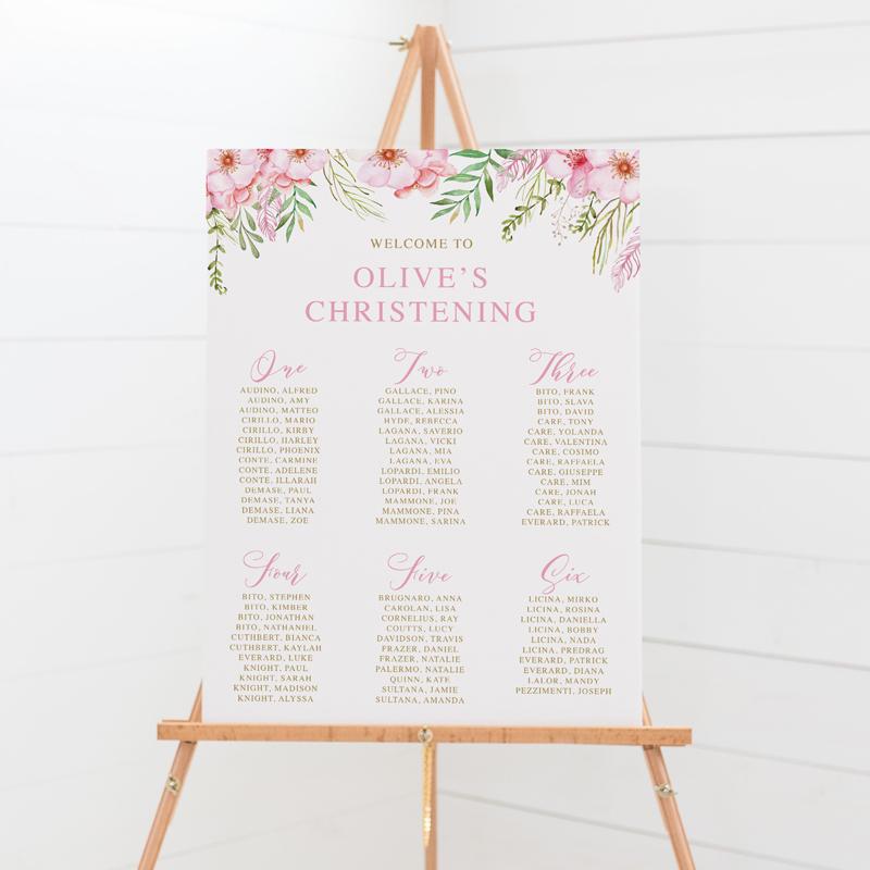 Baptism seating chart with beautiful pink flowers and foliage and gold text