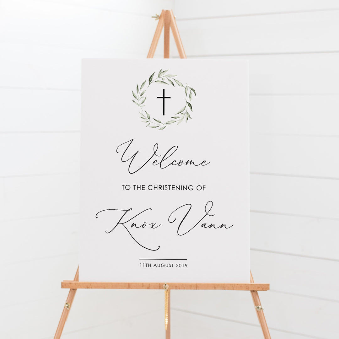 Baptism or Christening welcome sign with beautiful modern calligraphy and delicate watercolour wreath