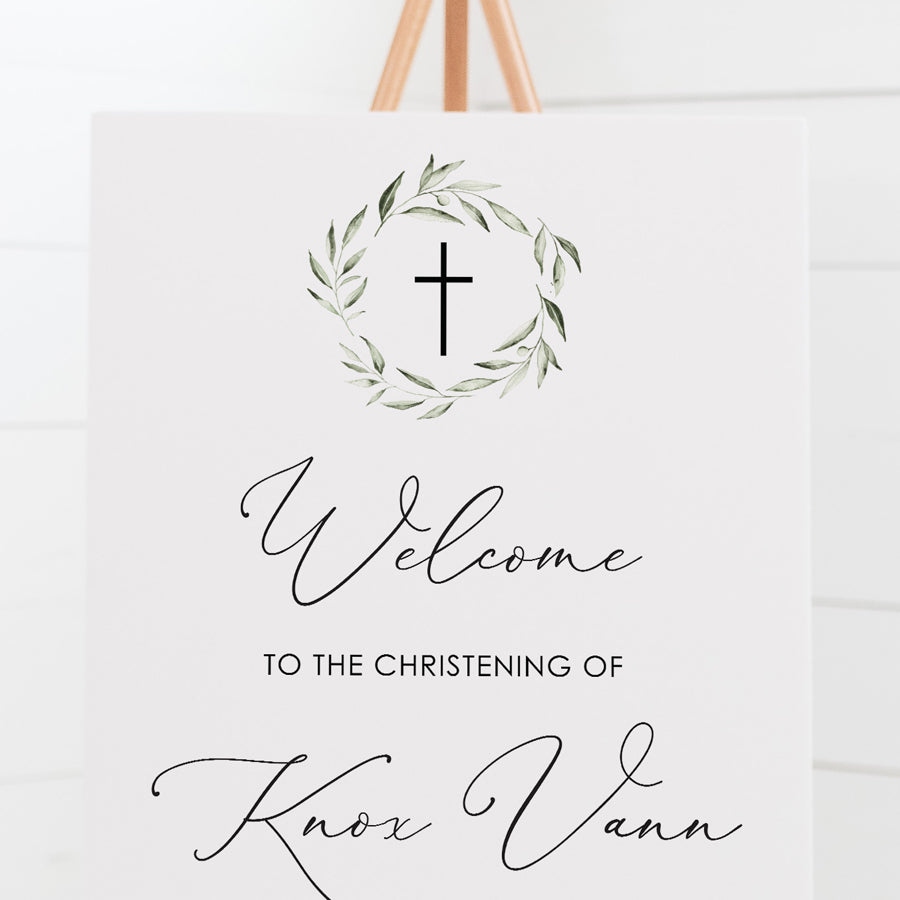 Baptism or Christening welcome sign with beautiful modern calligraphy and delicate watercolour wreath