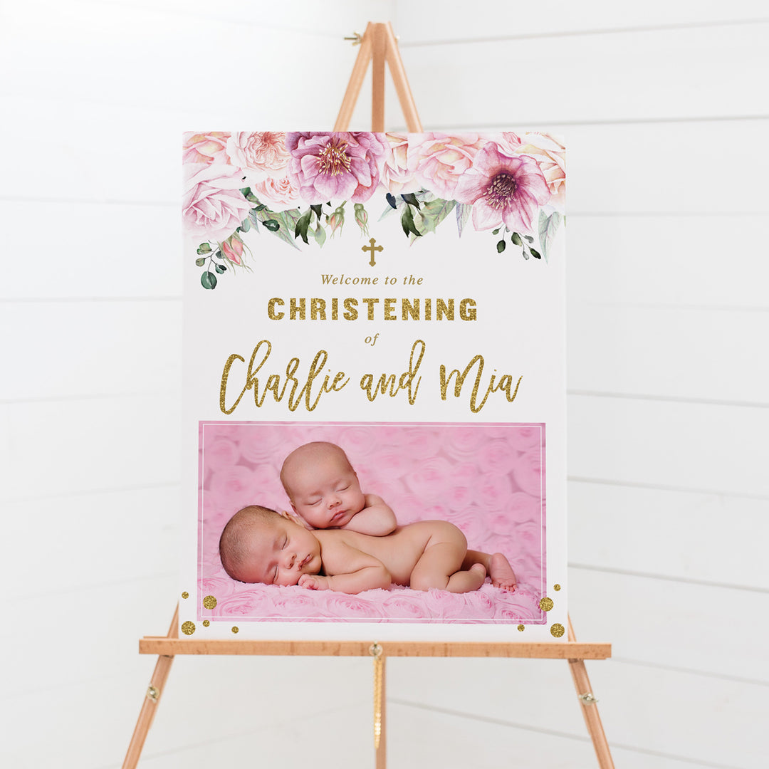 Baptism welcome sign with pink flowers and foliage and large photo of your daughter