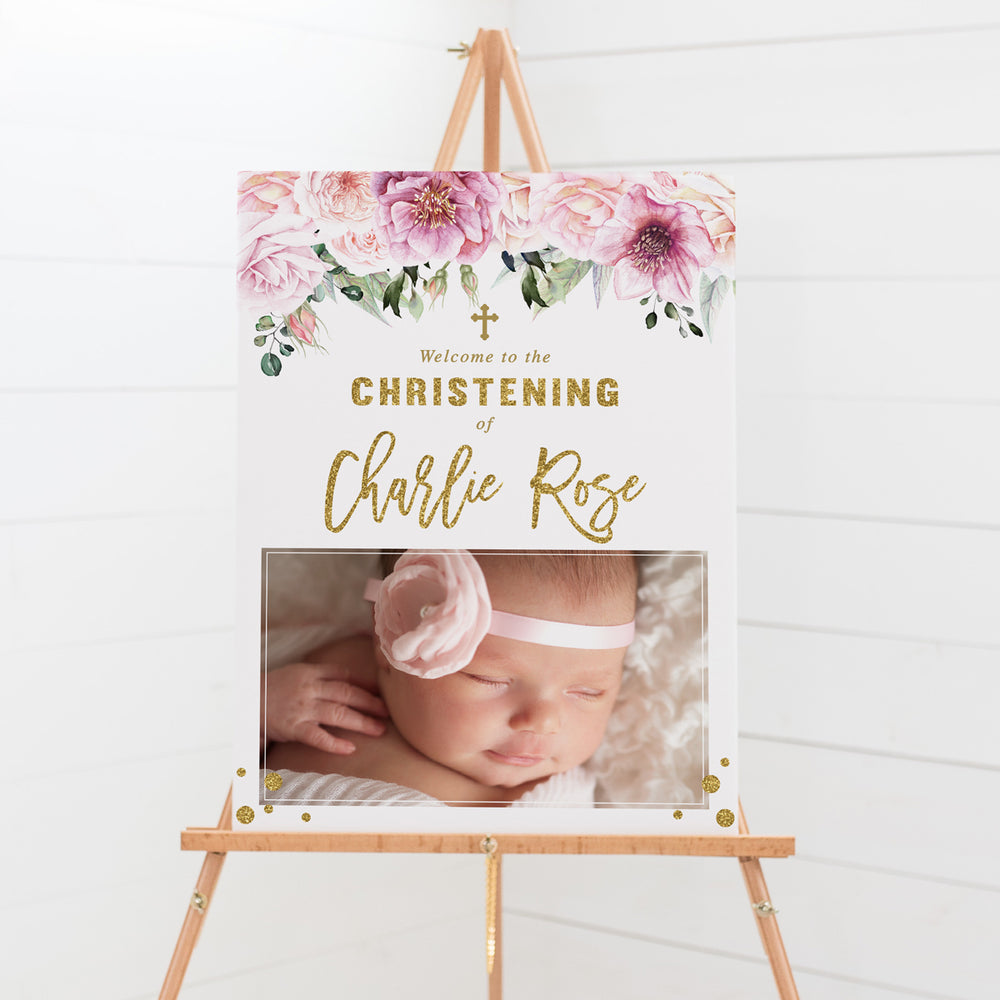 Baptism welcome sign with pink flowers and foliage and large photo of your daughter