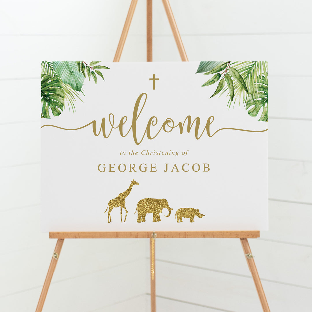 Baptism welcome sign with gold glitter safari animals and tropical jungle leaves