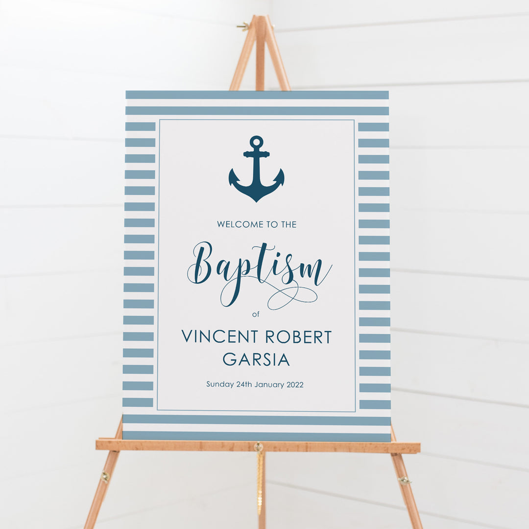Baptism boy welcome sign with an anchor and in blue nautical ocean theme. Large calligraphy Baptism heading. 