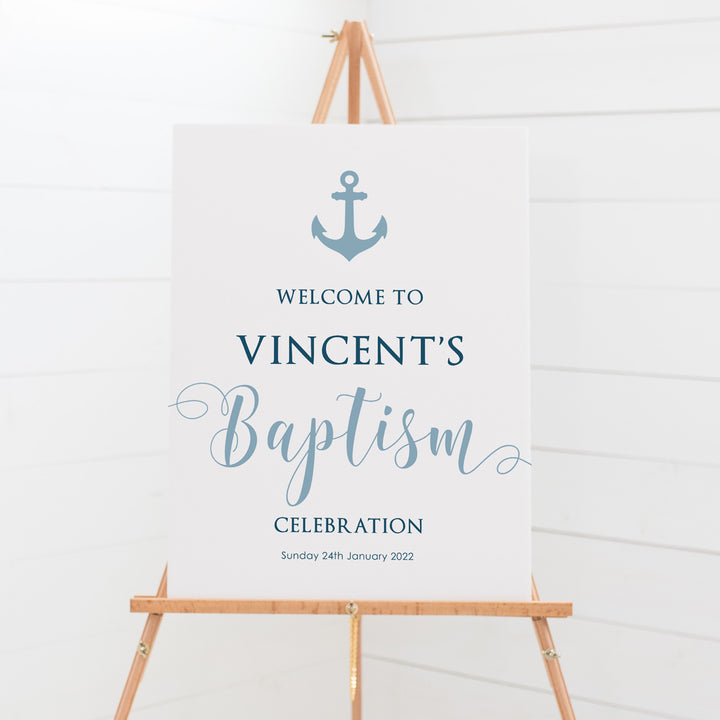 Baptism boy welcome sign with an anchor and in blue nautical ocean theme. Large calligraphy Baptism heading. Also available as printable file.
