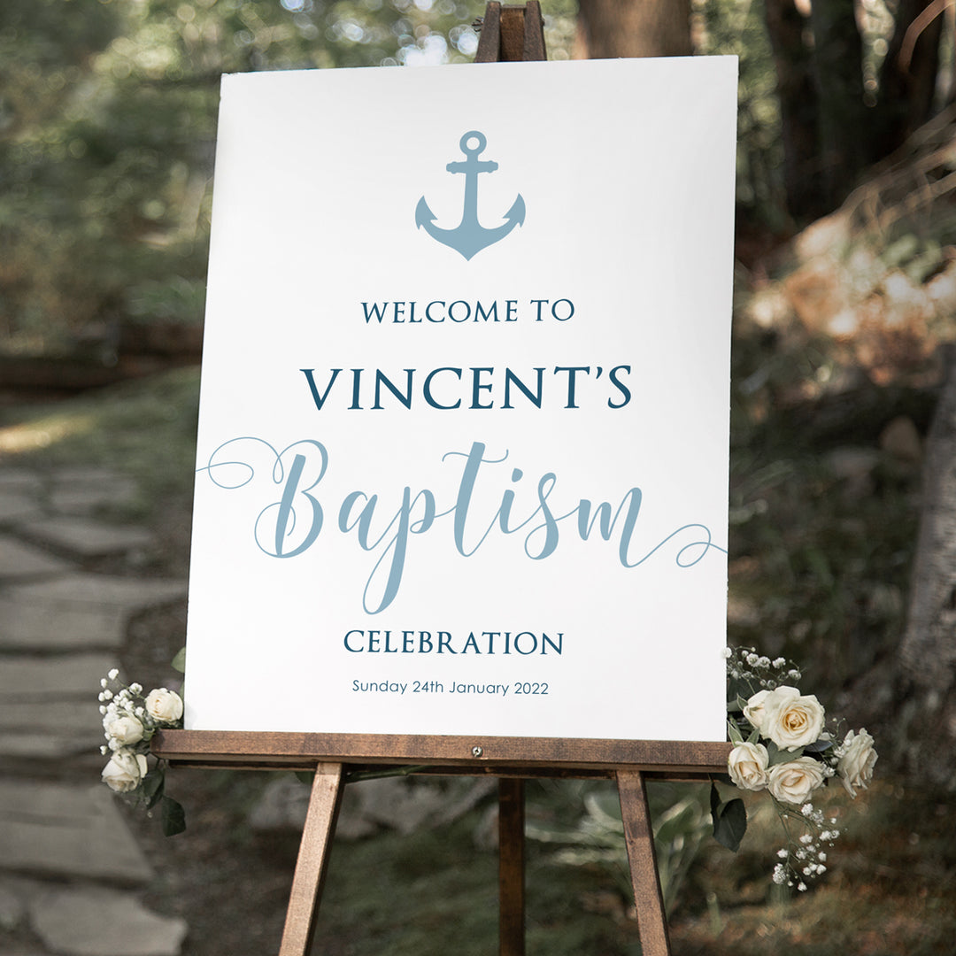 Baptism boy welcome sign with an anchor and in blue nautical ocean theme. Large calligraphy Baptism heading. Also available as printable file.