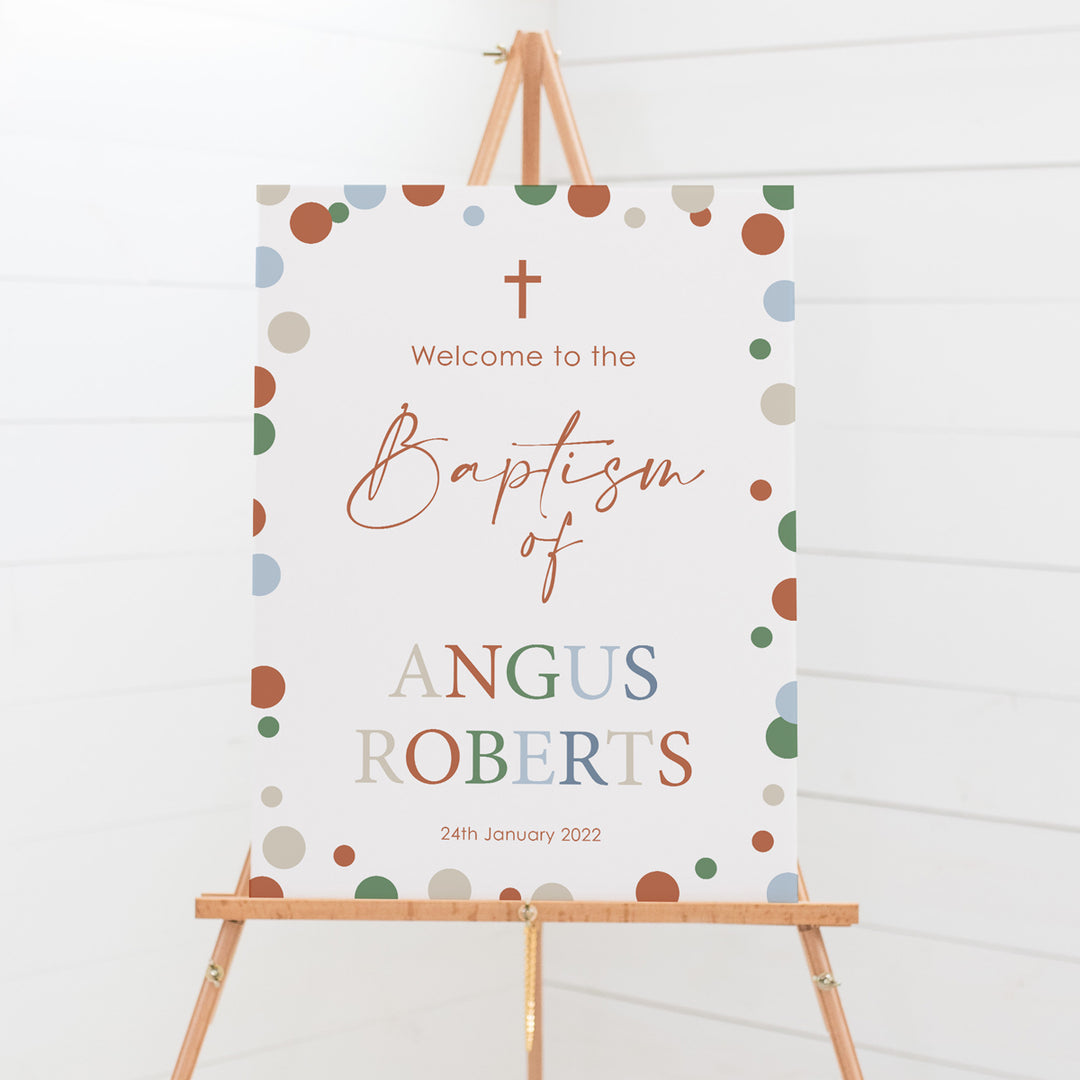 Boy Baptism welcome sign in neutral terracotta and soft blue and green. Printed in Australia or printable DIY  Christening signs.