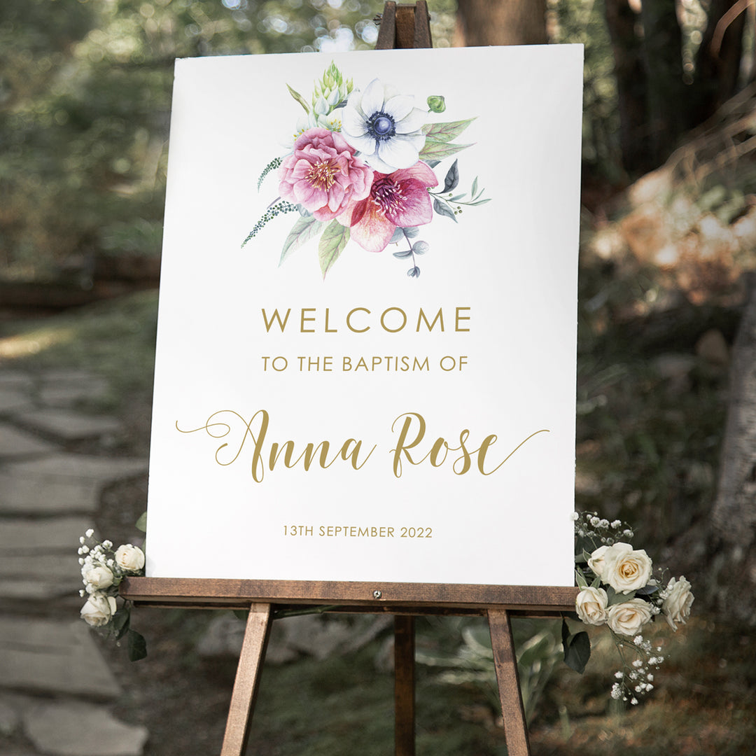 Baptism welcome sign for girl with pink floral bouquet and greenery at the top and name in gold calligraphy font. Printed in Australia or printable Christening welcome signs.