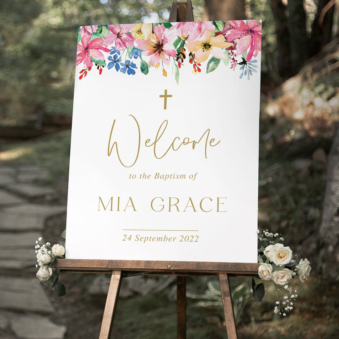 Baptism or Christening welcome sign with colourful florals at top and calligraphy font in gold. Printable Christening welcome signs Australia.