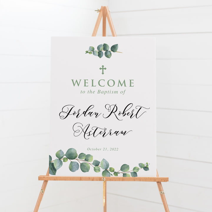 Baptism welcome sign for boys or girls, eucalyptus leaves and calligraphy. Printed in Australia on foamboard or printable DIY Baptism sign.