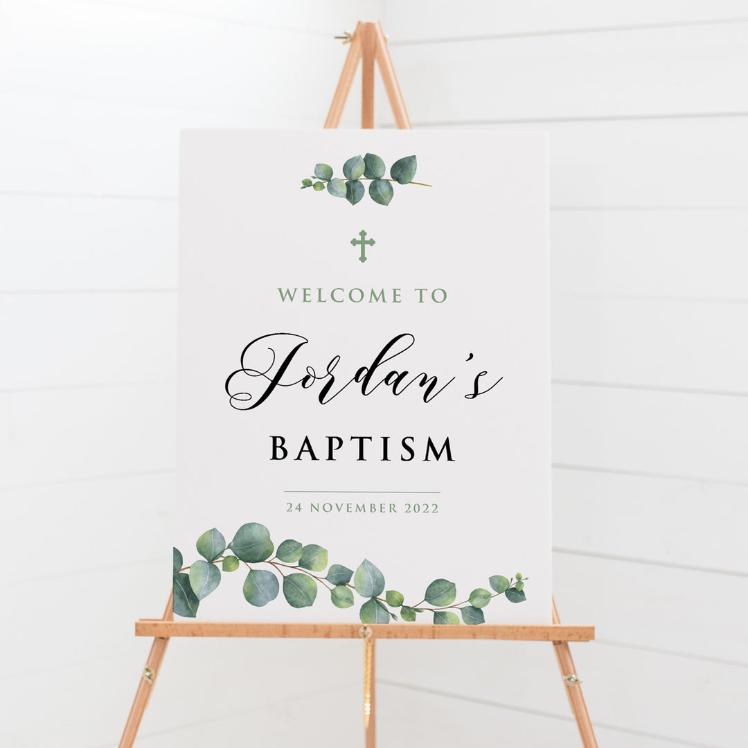Baptism welcome sign for boys or girls, eucalyptus leaves and calligraphy. Printed in Australia on foamboard or printable DIY Baptism sign.