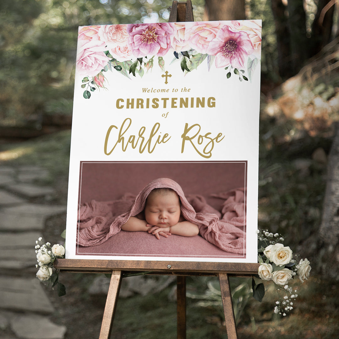 Baptism welcome sign board with pink flowers and foliage and large photo of your child. Christening signs printed in Australia or printable DIY Baptism.