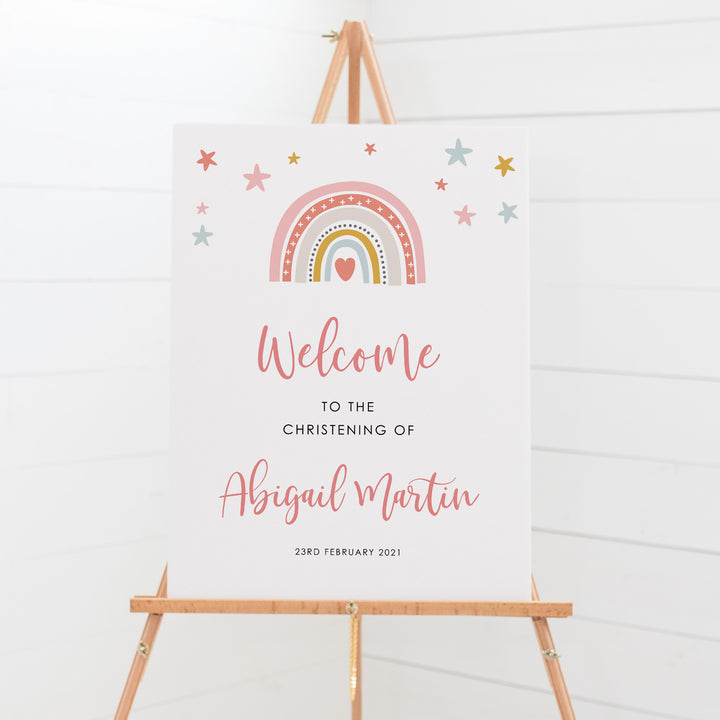 Baptism welcome sign board with pink colourful rainbow hand drawn and little stars