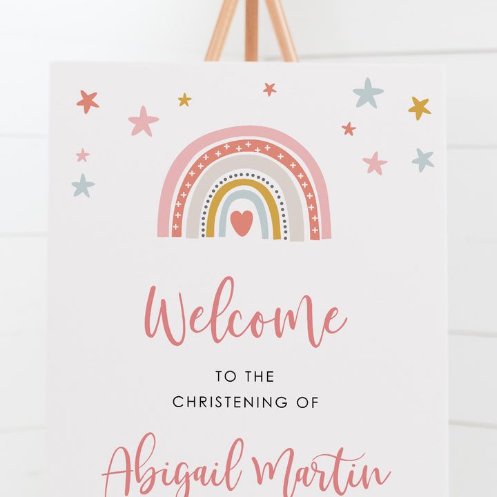 Baptism welcome sign board with pink colourful rainbow hand drawn and little stars