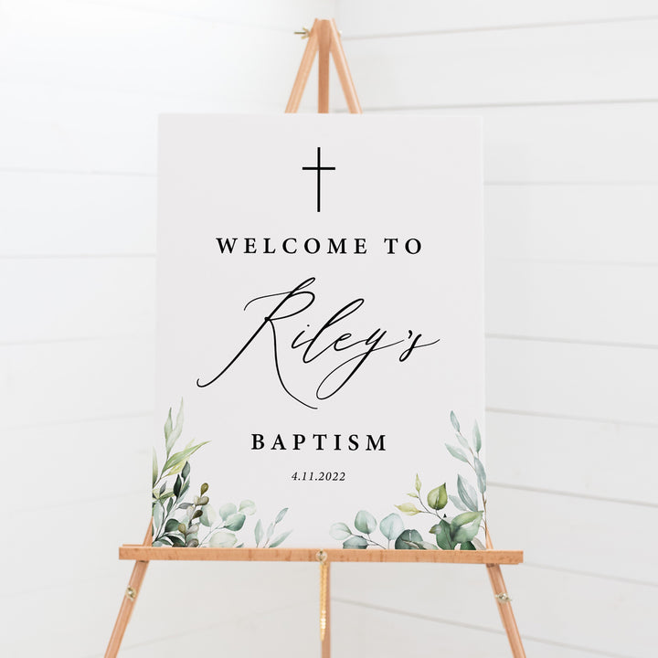 Boy or Girl Baptism Welcome sign board with watercolour greenery in bottom corners and calligraphy font in black. Printed in Australia or DIY printable Christening signs.