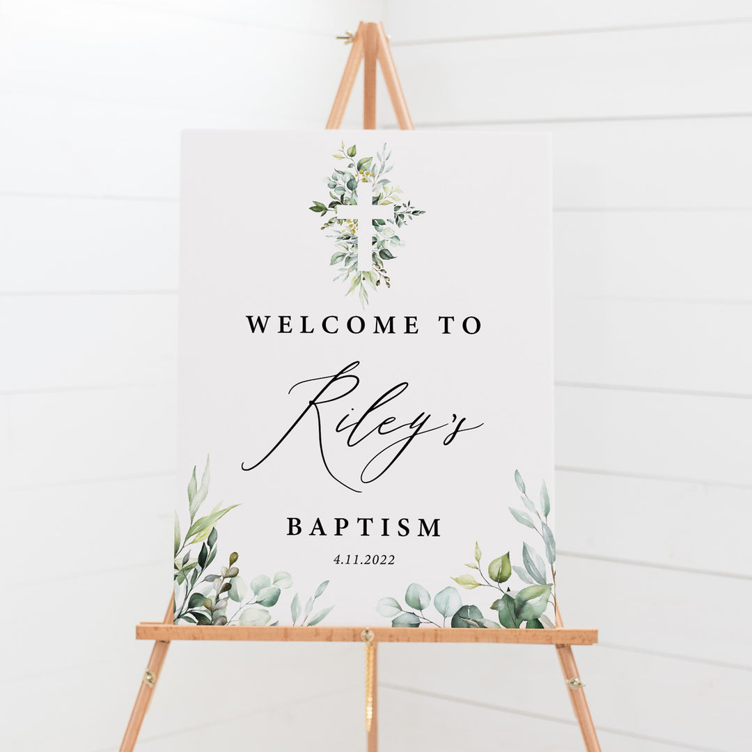 Boy or Girl Baptism Welcome sign board with watercolour greenery in bottom corners and calligraphy font in black. Printed in Australia or DIY printable Christening signs.