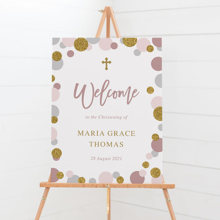 Christening or Baptism welcome sign with gold glitter and mauve grey spots