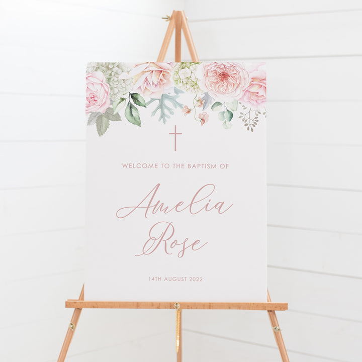 Beautiful Christening welcome sign board for girls with pink florals and greenery for displaying on an easel. Peach Perfect Stationery.
