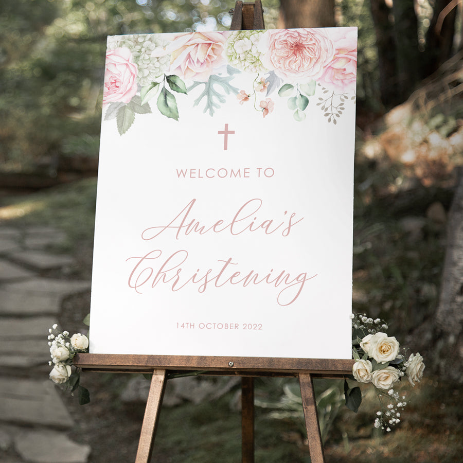 Beautiful Christening welcome sign board for girls with pink florals and greenery for displaying on an easel. Peach Perfect Stationery.