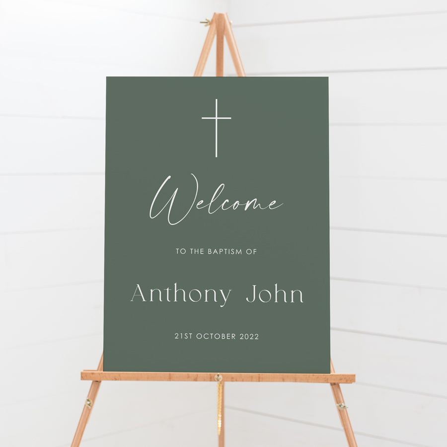 Boy Baptism or Christening welcome signboard in dark green with white text. Modern style by Peach Perfect Australia.
