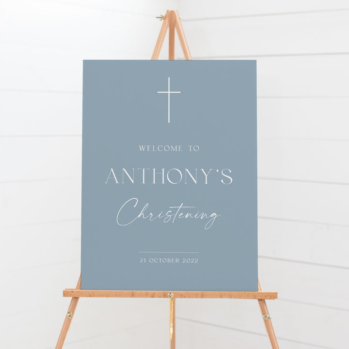 Boy Baptism or Christening welcome signboard in soft blue with white text. Modern style by Peach Perfect Australia.