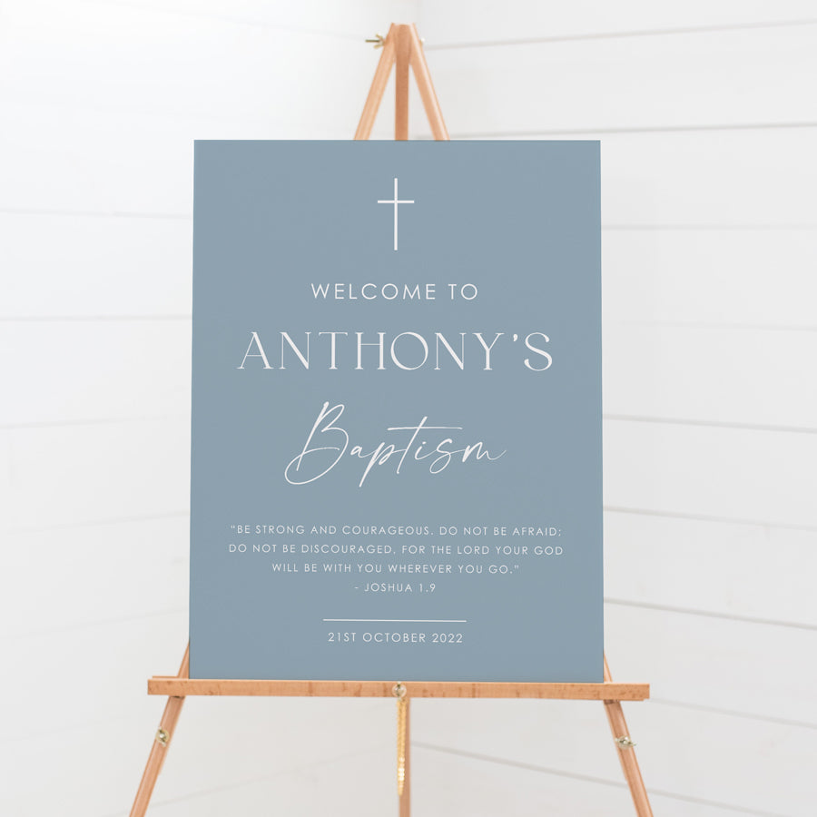 Boy Baptism or Christening welcome signboard in soft blue with white text. Religious quote included. Modern style by Peach Perfect Australia.