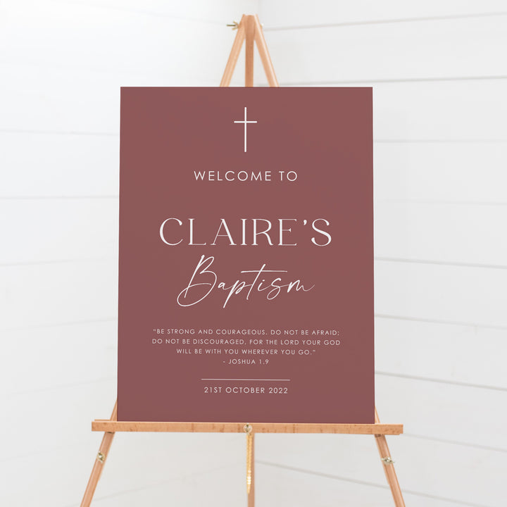 Modern christening welcome sign designed and printed in Australia on foamboard or acrylic. Deep rose red with white text. Minimal Baptism signs.