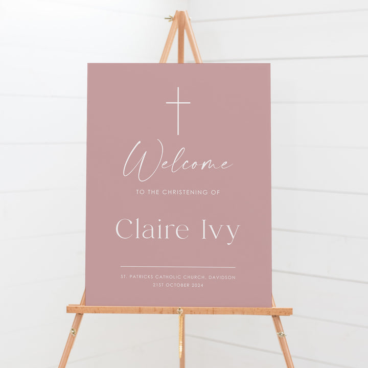 Modern christening welcome sign board designed and printed in Australia. Dusty pink with white text. Minimal Baptism signs.