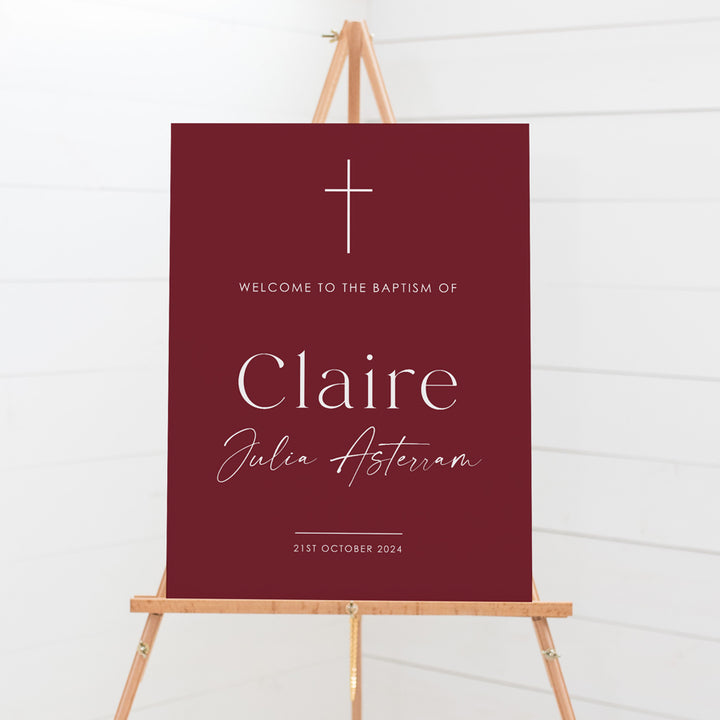 Modern christening welcome sign board designed and printed in Australia. Marsala red with white text. Minimal Baptism signs.