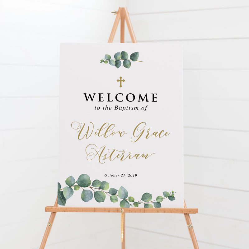  Baptism welcome sign with traditional calligraphy, beautiful cross design and watercolour eucalyptus leaves