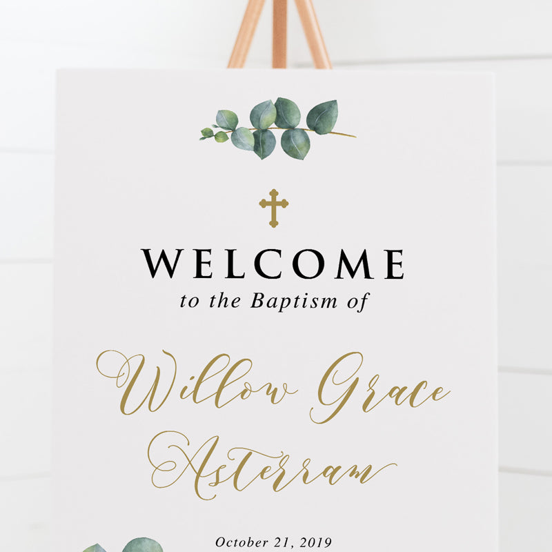 Christening welcome sign with traditional calligraphy, beautiful cross design and watercolour eucalyptus leaves