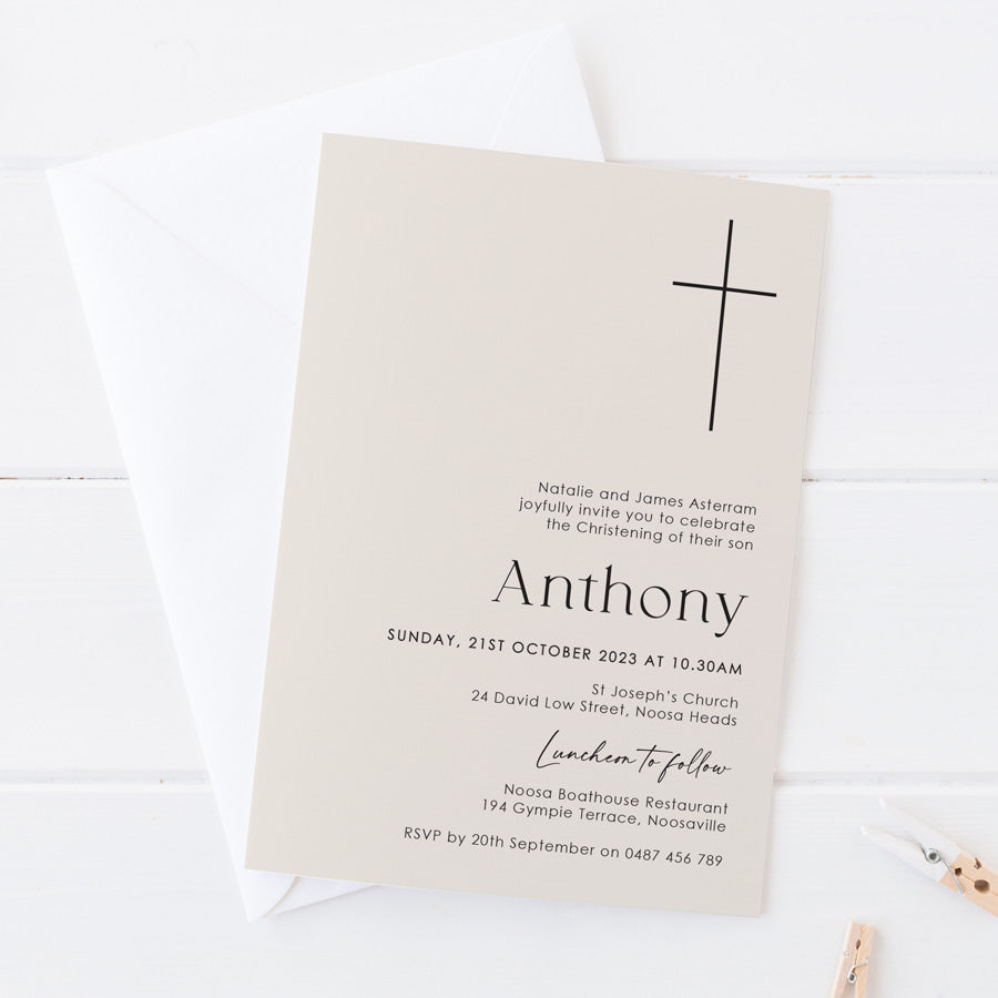 Modern minimal Baptism or Christening invitation on blue card with white ink printing. Large minimal cross. Almond card. Peach Perfect Australia.