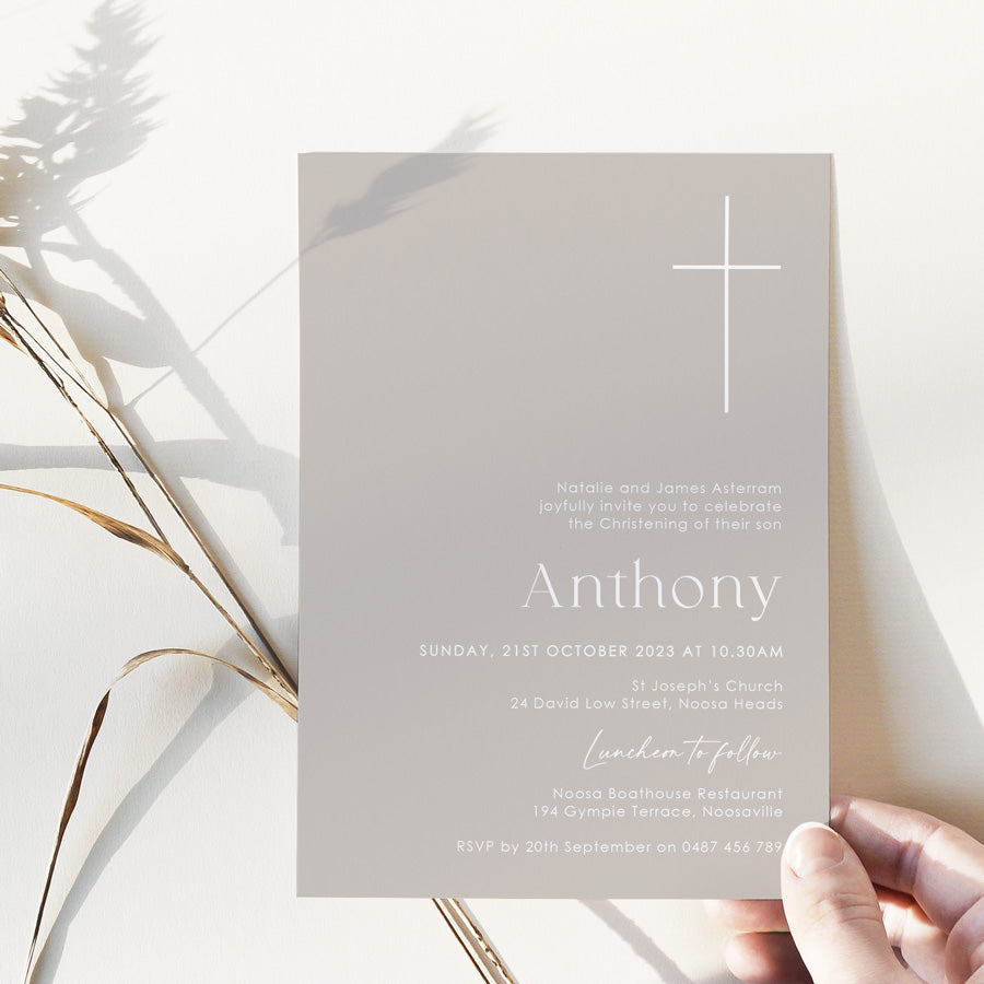 Modern neutral Baptism or Christening invitation on blue card with white ink printing. Large cross. Peach Perfect Australia.