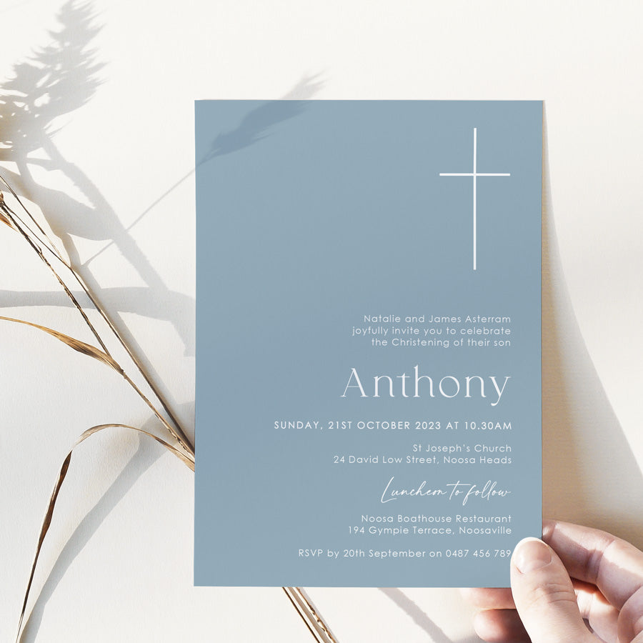 Modern minimal Baptism or Christening invitation on blue card with white ink printing. Large minimal cross, white ink on blue card. Peach Perfect Australia.