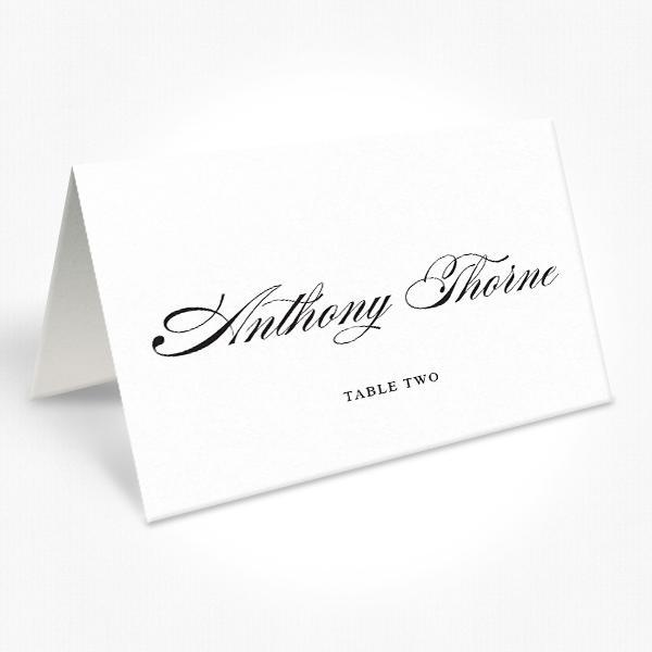 Black and white folded wedding place cards with calligraphy font 