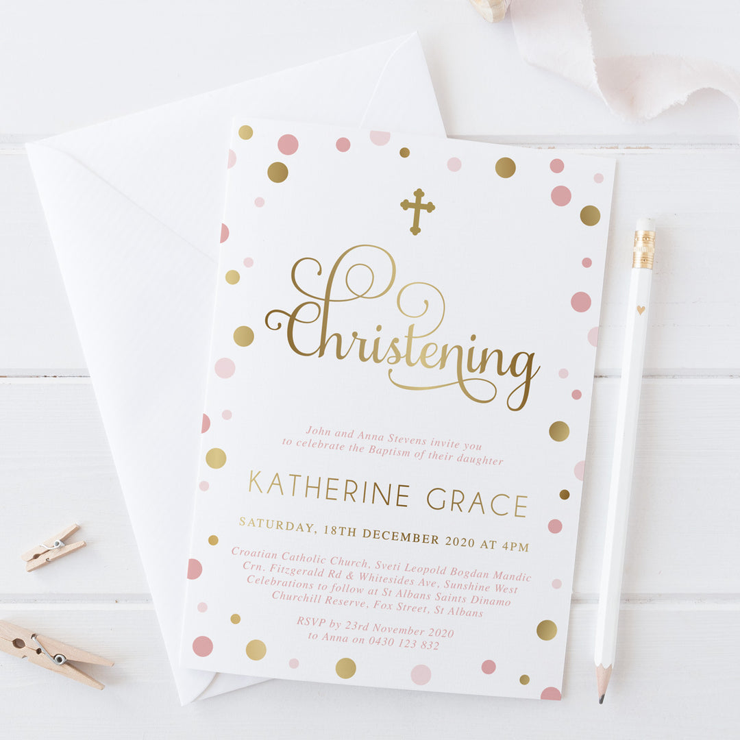 Girl Christening or Baptism Invitation with real gold foil and pink spots, beautiful calligraphy, professionally printed in Australia