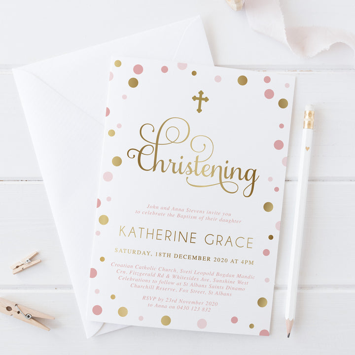 Girl Christening or Baptism Invitation with real gold foil and pink spots, beautiful calligraphy, professionally printed in Australia