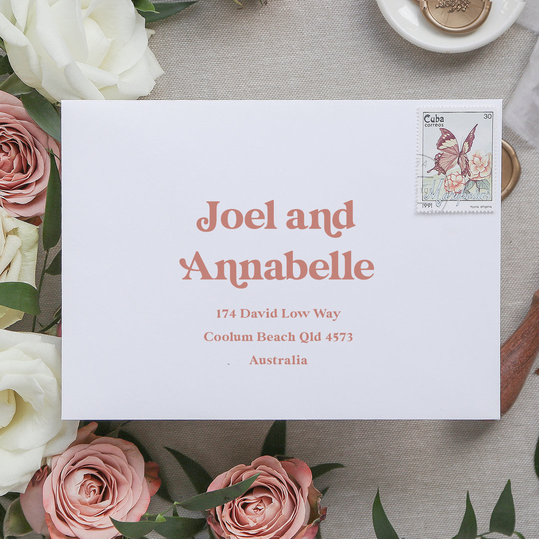 Professionally design and printed wedding invitation envelopes in black or coloured ink. Peach Perfect Stationery Australia.