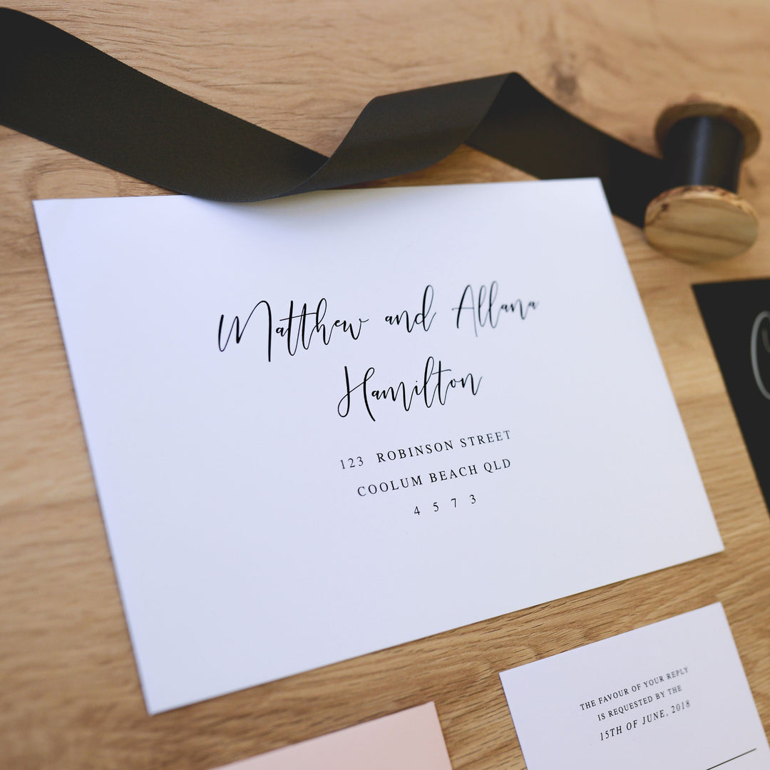 Professionally design and printed wedding invitation envelopes in black or coloured ink. Peach Perfect Stationery Australia.