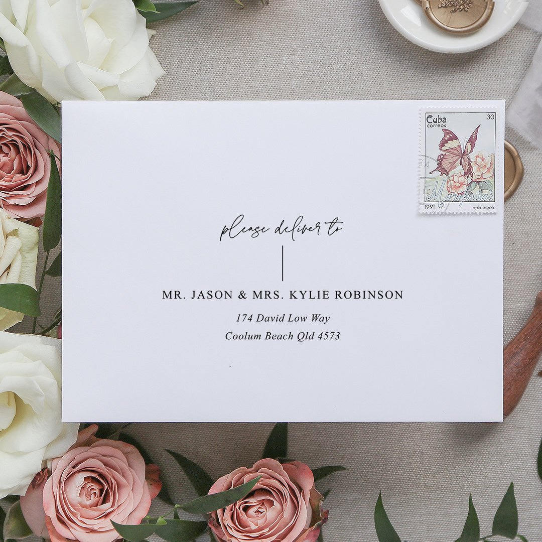 Professionally design and printed wedding invitation envelopes in black or coloured ink. Peach Perfect Stationery Australia.