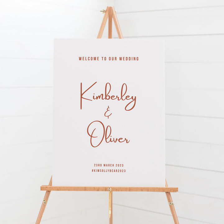 Modern wedding or event welcome sign in white and terracotta on foam board PVC or Acrylic. Peach Perfect Stationery Australia.