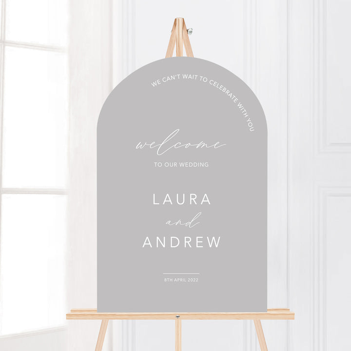 Grey arch modern wedding welcome sign. Printed in Australia on smooth board for sitting on an easel. Peach Perfect Stationery.