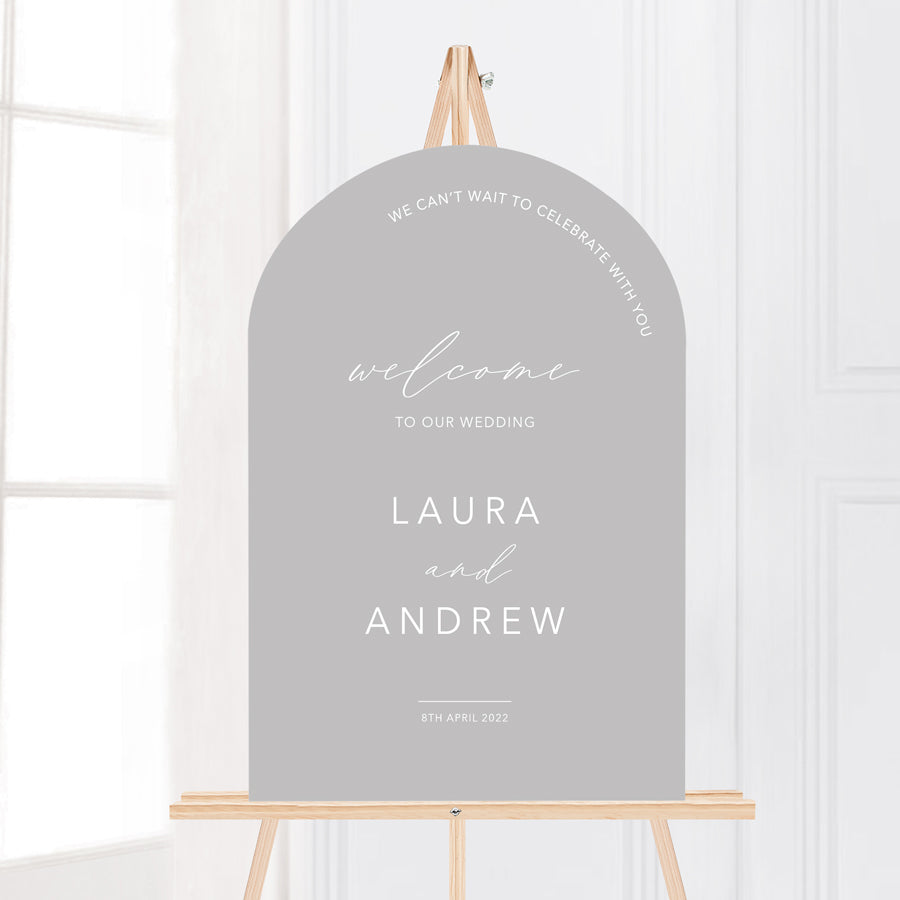 Grey arch modern wedding welcome sign. Printed in Australia on smooth board for sitting on an easel. Peach Perfect Stationery.