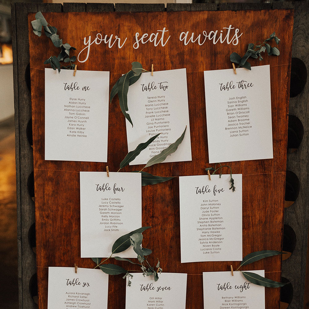 wedding seating chart cards with timber backing board