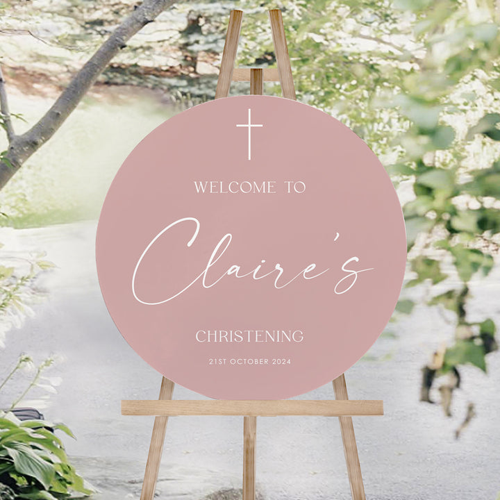 Round Baptism welcome sign board in pink and white. Christening welcome board Peach Perfect Australia.