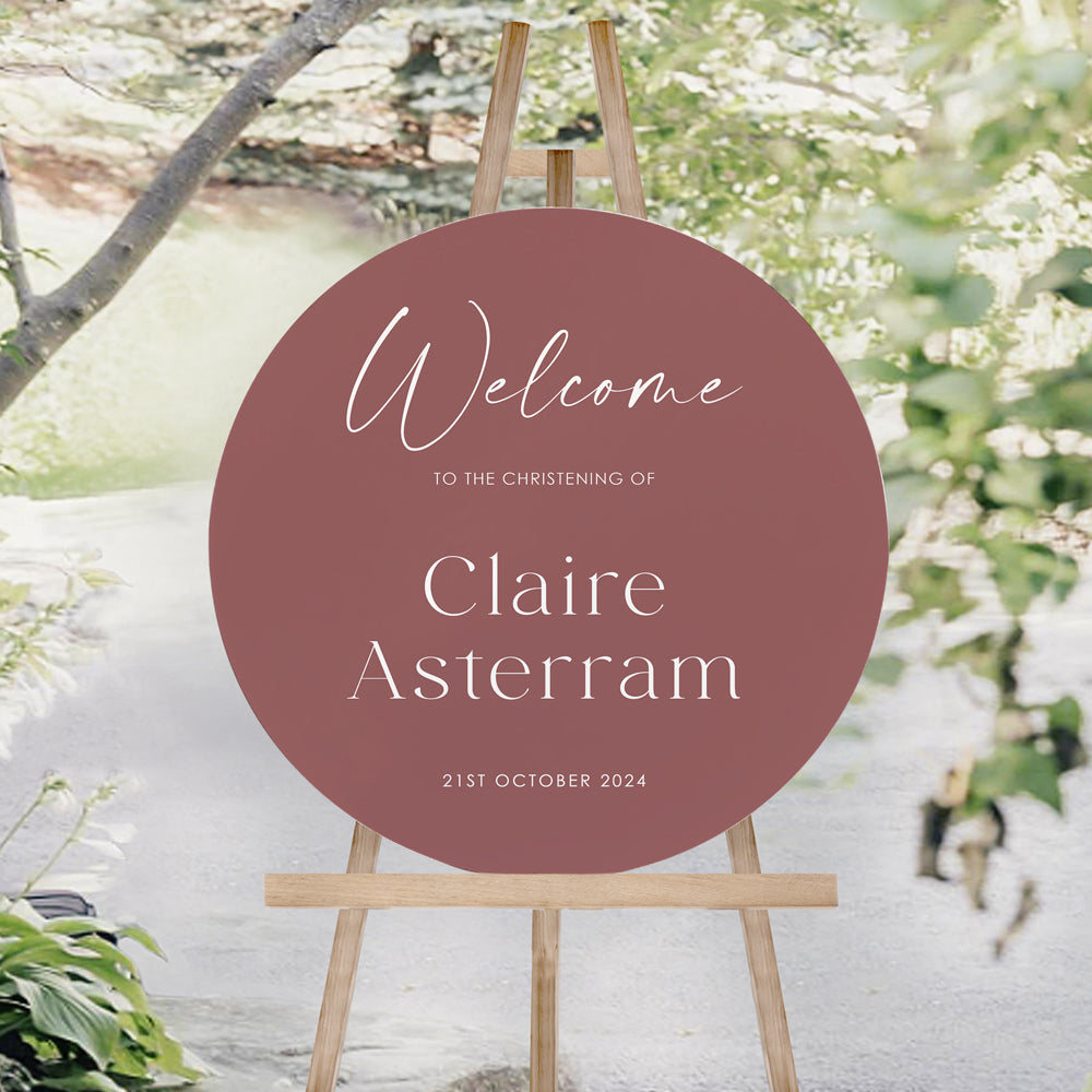 Round Baptism welcome sign board in deep rose and white. Christening welcome board Peach Perfect Australia.